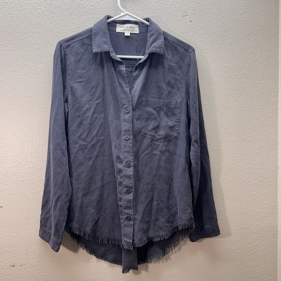 Cloth & Stone Anthropologie Size XS Gray Fringe Button Down Shirt Top Lyocell - Picture 1 of 4